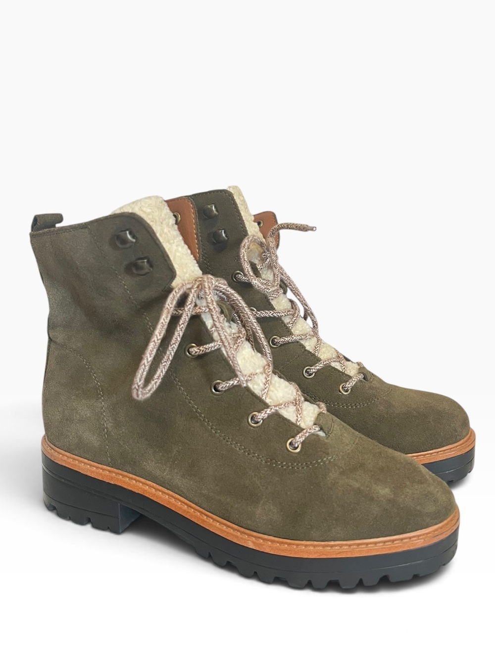Marc Fisher | Green Izma Leather Faux Fur Lace Up Hiker Boot 8